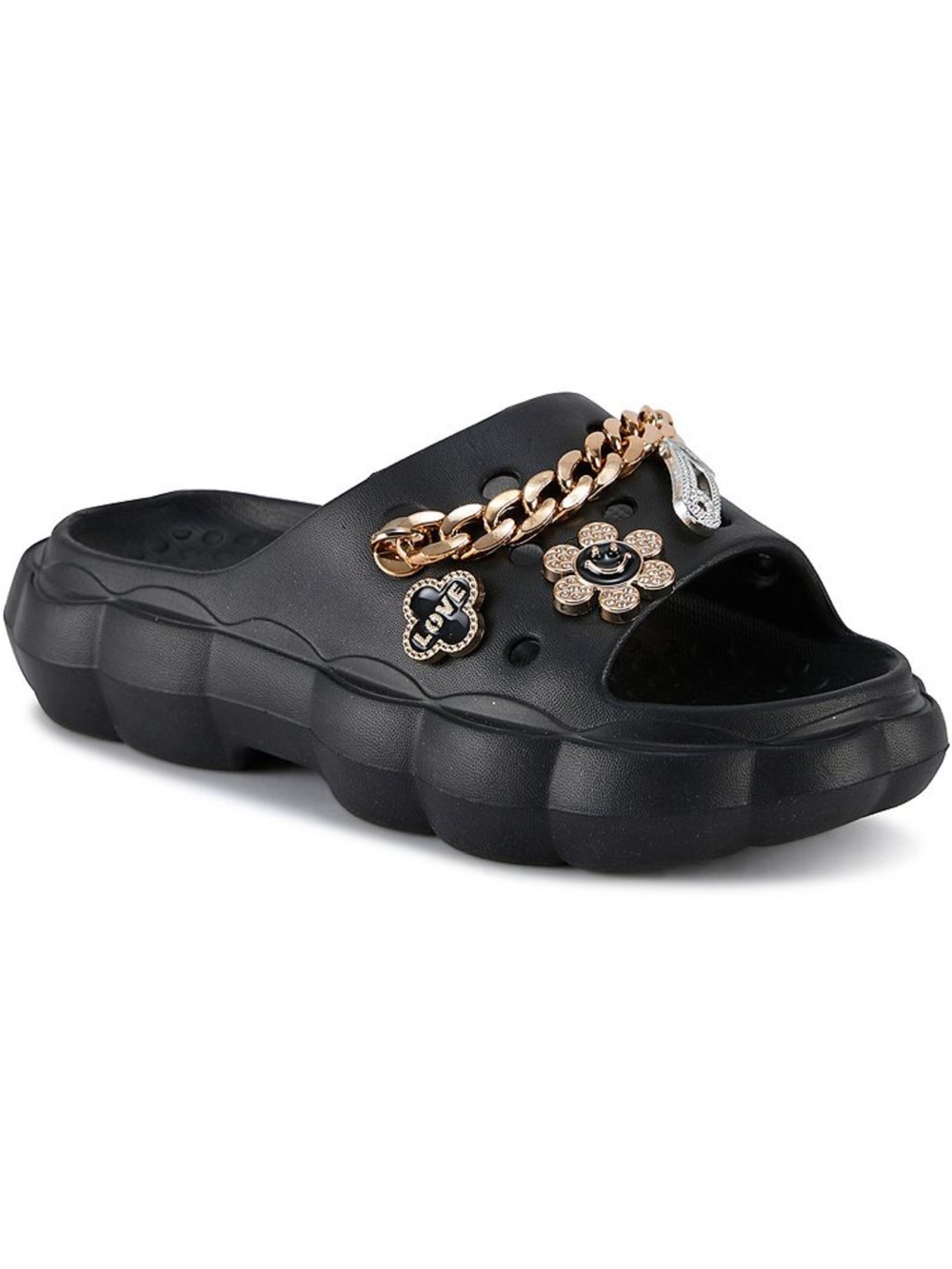 Pacific Dreams Black Charm Detail Slide Sandals Size 6/7 NEW